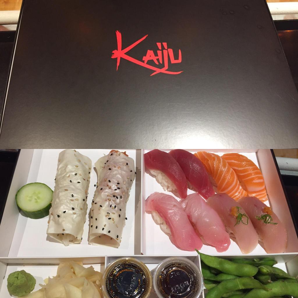 Kaiju Box · Edamame, 2 pieces of tuna, 2 pieces of salmon, 2 pieces of yellowtail, 2 pieces of albacore sushi with 1 blue crab and 1 spicy tuna in soy paper roll.