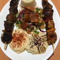 Skewers Plate (Kabob) · 2 type of meats , 2 dips, rice and salad.