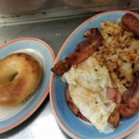 3 Eggs Deluxe · Three eggs any style with ham, bacon and sausage. Served with potatoes and toast. Made with ...