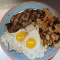 NY Boneless Strip Steak and 2 Eggs · Two eggs any style with our char-broiled 12 oz. sirloin steak. Served with potatoes and toas...