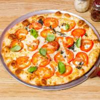 Bianca White Pizza · Olive oil, fresh garlic, fresh tomato, basil and mozzarella.