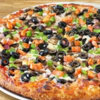 Garden Veggie Pizza · Mushrooms, bell peppers, red onions, black olives and tomatoes on an organic tomato base. Co...