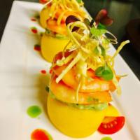 3. Causa de Camarones · Shrimp stuffed in mashed potato with yellow pepper mayonnaise.