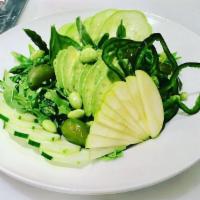 2. Green Green Salad · Romaine lettuce, spinach, asparagus, snow peas, green apple, avocado and cilantro.