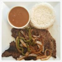 Bistec Encebollado · Steak and onions. Choice of side: White Rice and Beans, Fried Plantains, Sweet Plantains, Fr...