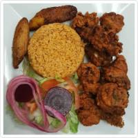 Chicharron de Pollo · Fried chicken chunks. Choice of side: White Rice and Beans, Fried Plantains, Sweet Plantains...
