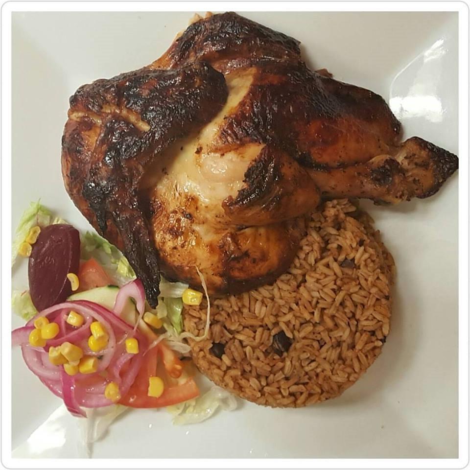 1/2 Pollo a la Brasa · Half a roasted chicken. Choice of side: White Rice and Beans, Fried Plantains, Sweet Plantains, French Fries or Steamed Vegetables