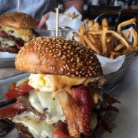 The Big Sexy Burger · 2.8 oz burger patties topped with white cheddar, 4 strips of bacon, not so secret sauce and ...