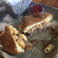 Mac Daddy Burger · Jalapeno Havarti, jalapeno cheddar sausage mac and cheese with root beer sriracha BBQ sauce ...