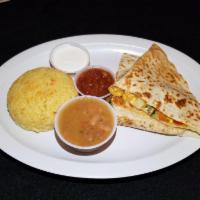 Veggie Quesadilla · Filled with cheese blend and broccoli, cauliflower and zucchini sauteed with bell peppers an...