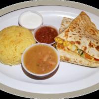 Quesadilla · All with with cheese blend and served with rice, black beans and a side of salsa and sour cr...