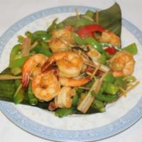 51. Goong Ta Kai · Lemongrass shrimp stir fried with peppers, bamboo shoots, basil and chili paste. Served with...