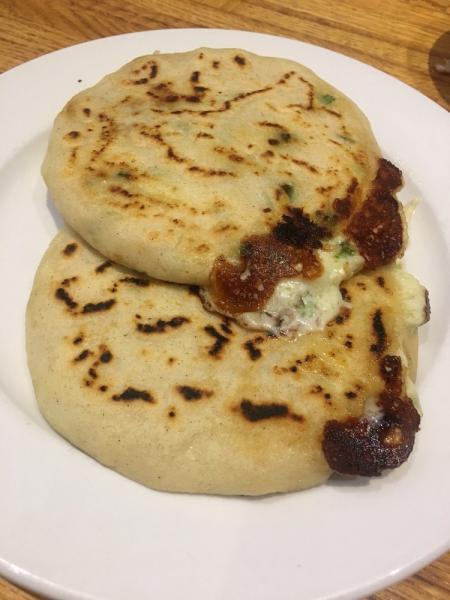2. Mexicana y Queso Specialty Pupusa · Ground pork, jalapenos and cheese.