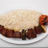 Shish Kabob (Beef) · Seasoned sirloin steak. Include rice, grilled tomato and pita bread.