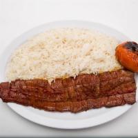 Barg Kebab · Thin sliced filet mignon skewered and charbroiled to perfection. Include rice, grilled tomat...