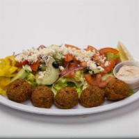 Falafel Plate · 5 pieces of falafel and Greek salad. Veggie.