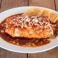 Wet Burrito · Smoothered with red chili and sauce and melted cheese. Served with meat, rice, beans, cilant...