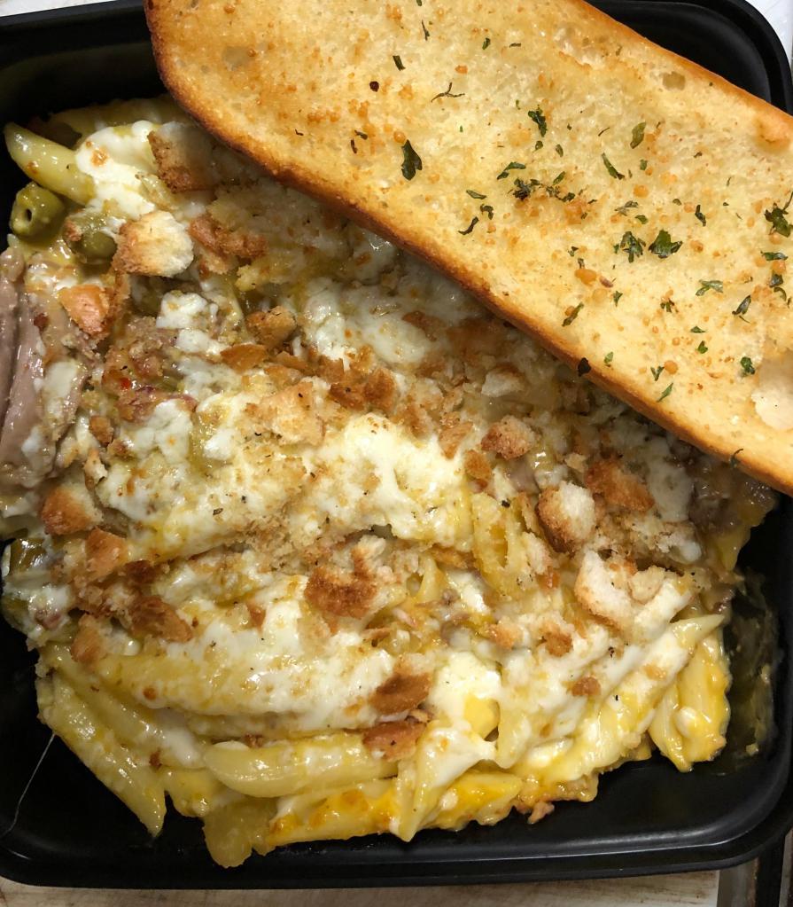 Loaded Mac & Cheese · Penne pasta smothered in a cheesy sauce blend, loaded with Italian Beef, crispy bacon, hot giardiniera and topped with Rosati's homemade croutons.