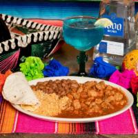 Ranchero Plate · Chile verde pork, rice, whole beans and tortillas.