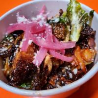 Brussels Sprouts · Honey-Chipotle Aioli, Pickled Red Onion, Sliced Garlic, Cotija Cheese (VEGETARIAN) (GF)