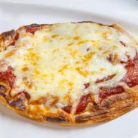 Malawach Pizza · Flaky yemenite dough,topped with tomato sauce and melted cheese.