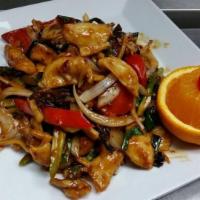 Yushan Chicken · Chicken stir fried with bell peppers, woodear, onion and scallion. Bamboo shoots asparagus i...