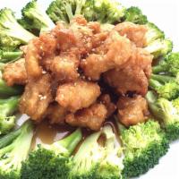 Sesame Chicken · lightly battered chicken with sweet and sour sauce and steamed broccoli topped with sesame s...