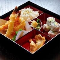 Shrimp Tempura Dinner Box · Served with rice, gyoza, California roll, soup