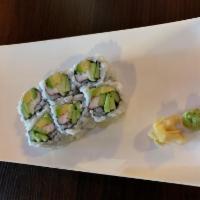 California Roll · Imitation crab meat, avocado & cucumber rolled up and cut in 6 pcs