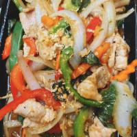 Pad Kra Pow · Choice of meat with garlic, holy basil leaves, bell peppers, onions, carrot and fresh chili.