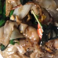 E10. Thai Drunken Noodle · Kee mao. Stir-fried flat rice noodle, egg, garlic, chili, basil, fresh peppercorn, Thai herb...