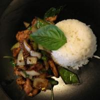 Sauteed Basil with Rice · Sauteed chili, garlic, basil, string bean, bell pepper, and onion with a crispy chicken brea...