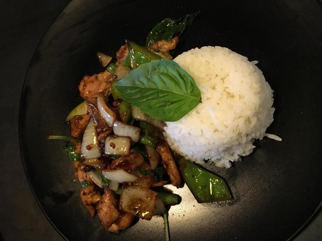 Sauteed Basil with Rice · Sauteed chili, garlic, basil, string bean, bell pepper, and onion with a crispy chicken breast served with Jasmine rice on side.