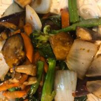 E27. Sauteed Mixed Veggies · Sauteed garlic, string bean, mushroom, onion, bell pepper, carrot, Chinese broccoli and broc...