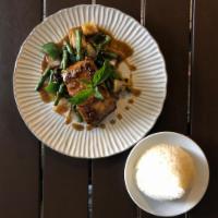 Grilled Salmon Basil Sauce · Basil not avialable Sauteed Thai Chili, garlic, string bean, onion, bell pepper topped on ma...