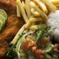 Milanesa de Pollo · Pounded chicken breast, lightly breaded and deep fried. Served with white rice, french fries...