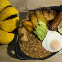 Bandeja Paisa · Top round steak, sweet plantains and columbian sausage, fried pork belly. Optional arepa and...
