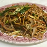 Beef Lo Mein · Sauteed soft yellow noodle with sliced beef, onion, carrot, bean sprout, napa and scallion i...