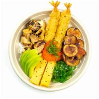 Tokyo Trouble Bowl · Teriyaki chicken, tempura shrimp, eggplant chips, seaweed salad, tamago, green onions, avoca...
