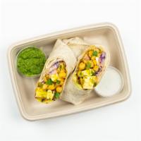Veggie Roti · Paneer, chickpeas, eggplant chips, New Delhi slaw, avocado, cucumber raita and cilantro chut...