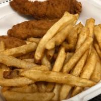 Chicken Fingers · Three chicken fingers with french fries.