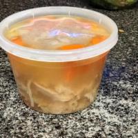 Chicken Noodle Soup · Home made chicken soup with celery, carrots, and onions