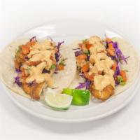 Fish Tacos plate · 2 tacos- Corn Tortilla, Fresh Cabbage, Chipotle Mayo and Pico de Gallo. Includes Rice and Be...