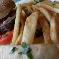 Cheeseburger · Served with French fries.