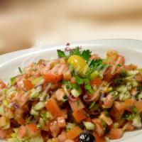 Shepherd's Salad · Coban salata. Finely chopped tomato, cucumber, red onions, green pepper, parsley with lemon ...
