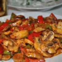 CHICKEN STIR FRY - Tavuk Sote · Sauteed diced chicken, tomato sauce, green pepper, red pepper and spices.
