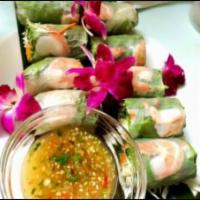 Shrimp Fresh Rolls · Cucumber, carrot, mints and wrapped with rice paper served with peanut sauce.
