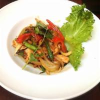Pad Gra-Pow Sauteed · Basil. Sweet basil, green beans, bell peppers and onion with your choice of meat in garlic c...