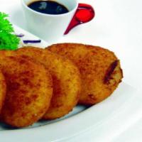 Potato Croquette (3) · Golden fried potato patties. Vegan.