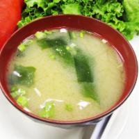 Miso Soup · Soybean based soup with tofu, scallion and seaweed. Gluten free.